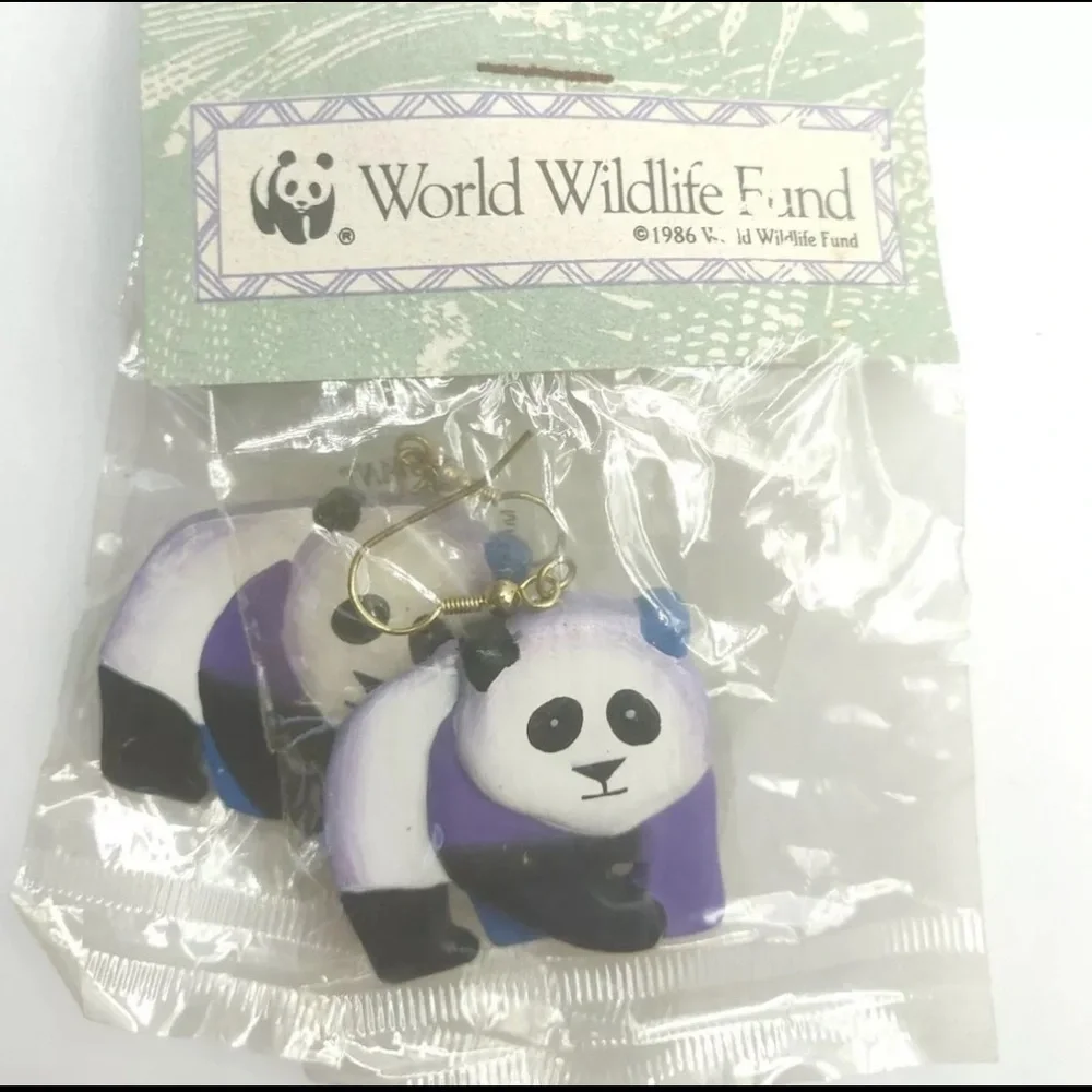 Vintage World Wildlife Fund Panda Bear Earrings Hand Painted Wooden Earrings